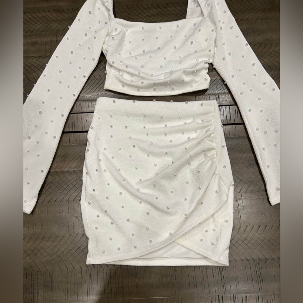 Windsor White Embellished Long Sleeve Crop Top & Mini Skirt Set
